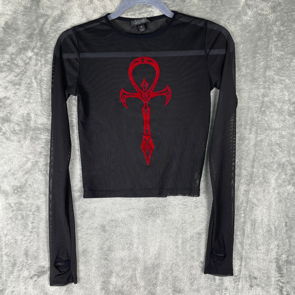 Widow Mesh Ankh Crop Top Womens Small Black Red Excellent Gothic Thumbhole